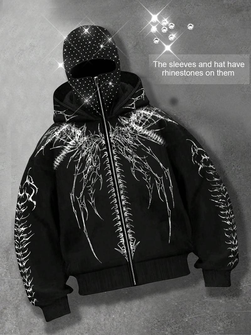 Shining rhinestones, windproof hat zipper hoodie for men, Gothic style skeleton cardigan hoodie for men and women, European and American street casual fashion brand jacket, autumn and winter velvet hoodie, party nightclub Instagram style