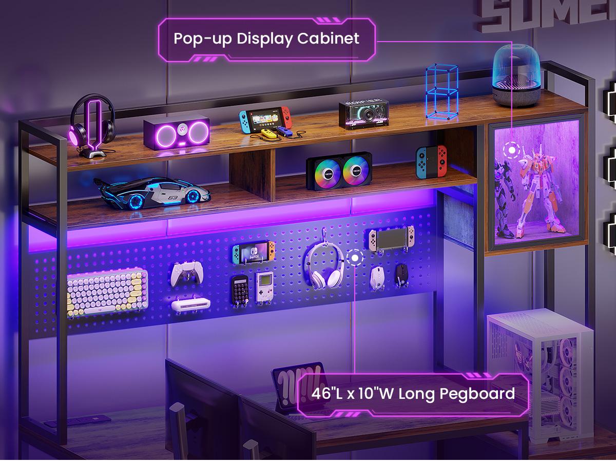 SEDETA L Shaped Gaming Desk with Drawers, Reversible Computer Corner Desk with File Drawer, Hutch, Storage Shelves for Home Office, Gaming Two Person Desk with Led Lights, Power Outlet