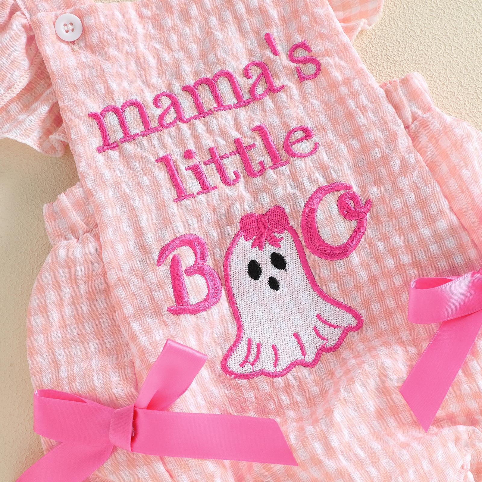 [Lullaby] Baby Girl Halloween Romper Set, Cotton Blend Plaid Print Jumpsuit with Embroidery (Pumpkin/Ghost), Flying Sleeves, Square Neck, Bow Headband - Prop 65 Safe Baby Girl Clothing