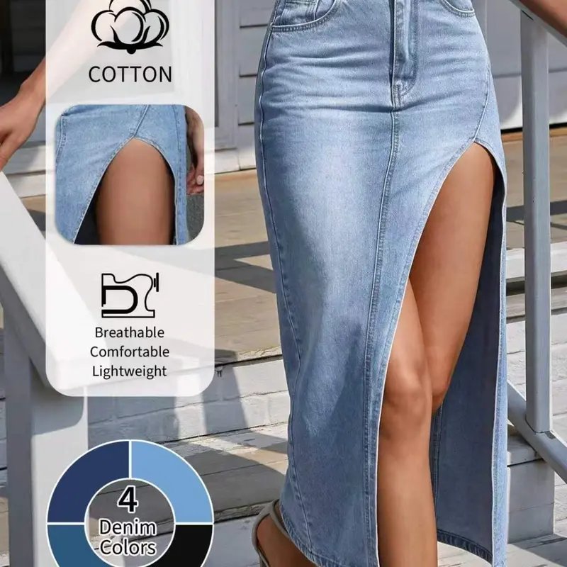 Women's Split Denim Midi Skirt, Casual Chic Fashion Fitted Skirt for All Season Wear, Trendy Street Style, Essential Fashion Item, Bottom