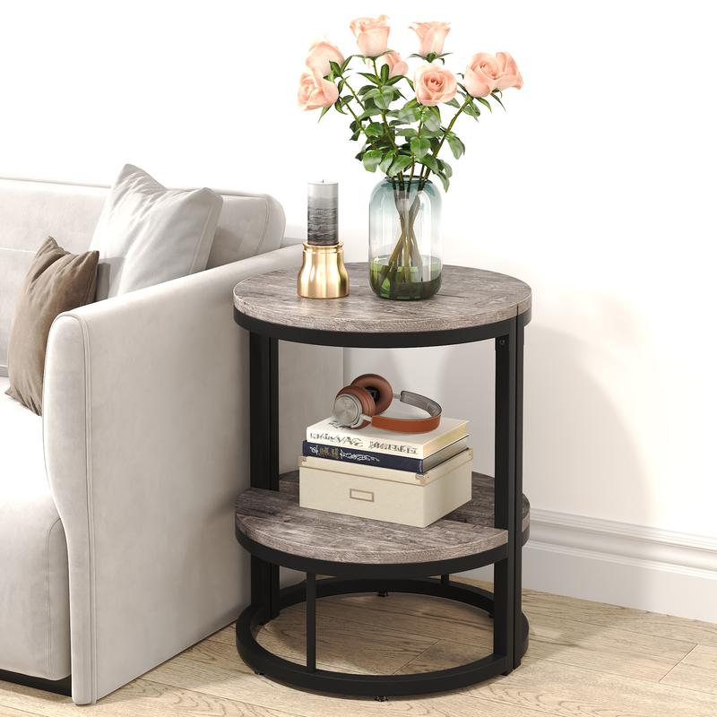 LITTLE TREE 2-Tier End Table Semi Circle, Small Half Round Side Table with Storage Shelf, Wood Accent Table Slim C Table for Sofa Couch, Living Room, Bedroom, Small Space, Easy Assembly