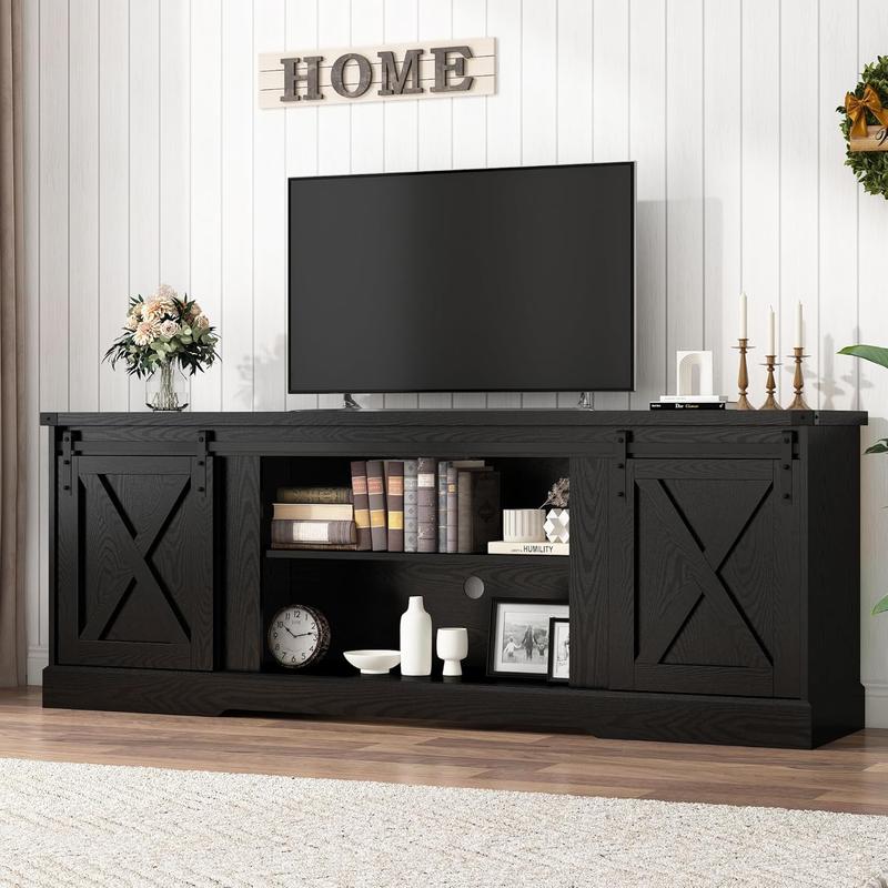 Farmhouse Fireplace TV Stand / Farmhouse TV Stand for 70/75/80 Inch TV, 70 inch Entertainment Center Storage Cabinets with 36”Electric Fireplace and Sliding Barn Doors, Media Console Cabinet for Living Room