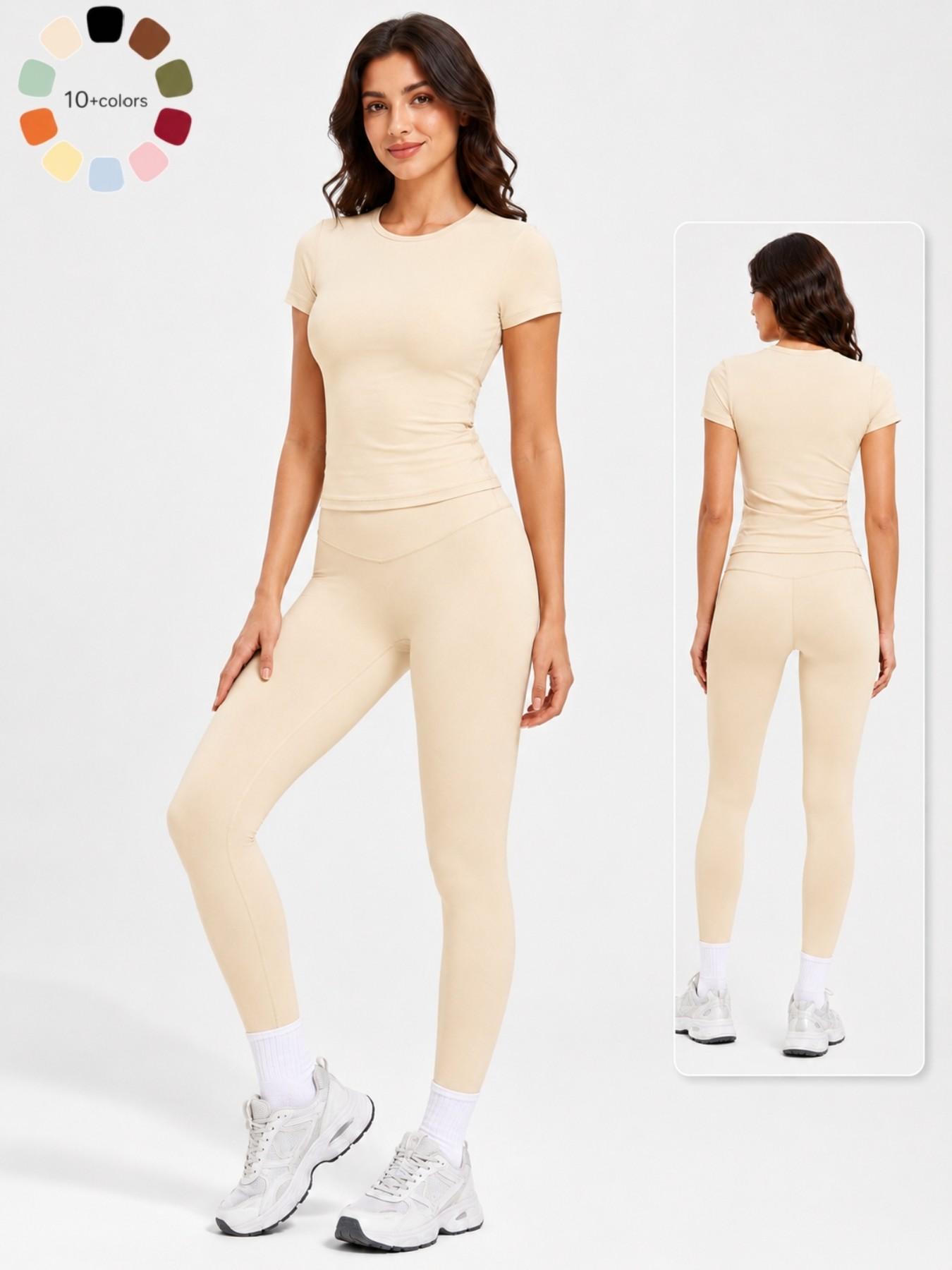 Women's 2-Piece Athletic Workout Set, Short-Sleeve Round-Neck Slim-Fit Crop Tee & High-Rise V-Front Yoga Leggings, Casual Running Gym Activewear Yoga Sportswear Set for Daily Wear