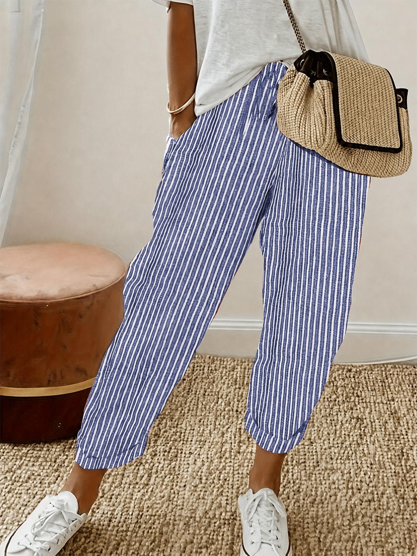 Women's Capri Pants, Cropped Wide Leg Striped Pants with Elastic Drawstring Waist   Side Pockets, Loose Fit Casual Streetwear Trousers for Women, Machine Washable Back To School College Outfit, Travel & Everyday Wear
