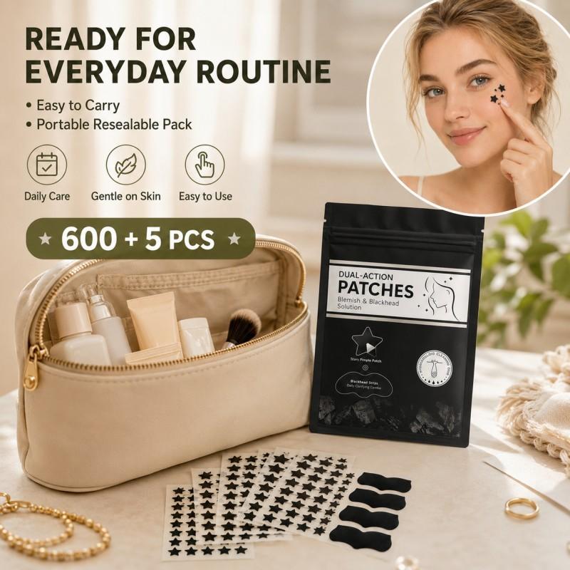 600+5Pcs Black and White Star Hydrocolloid Pimple Patches and Black Nose Strips, 2-in-1 Large Facial Blemish Cover Set for Halloween Parties, Music Festivals and Photo Styling, Acne Patches, Acne Patches For Face