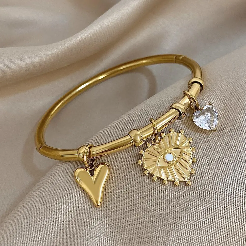 Fashion Stainless Steel Chunky Bracelet for Women Gold Plated Zircon Heart Devil Eye Charms Bangle Bracelets Jewelry Gifts