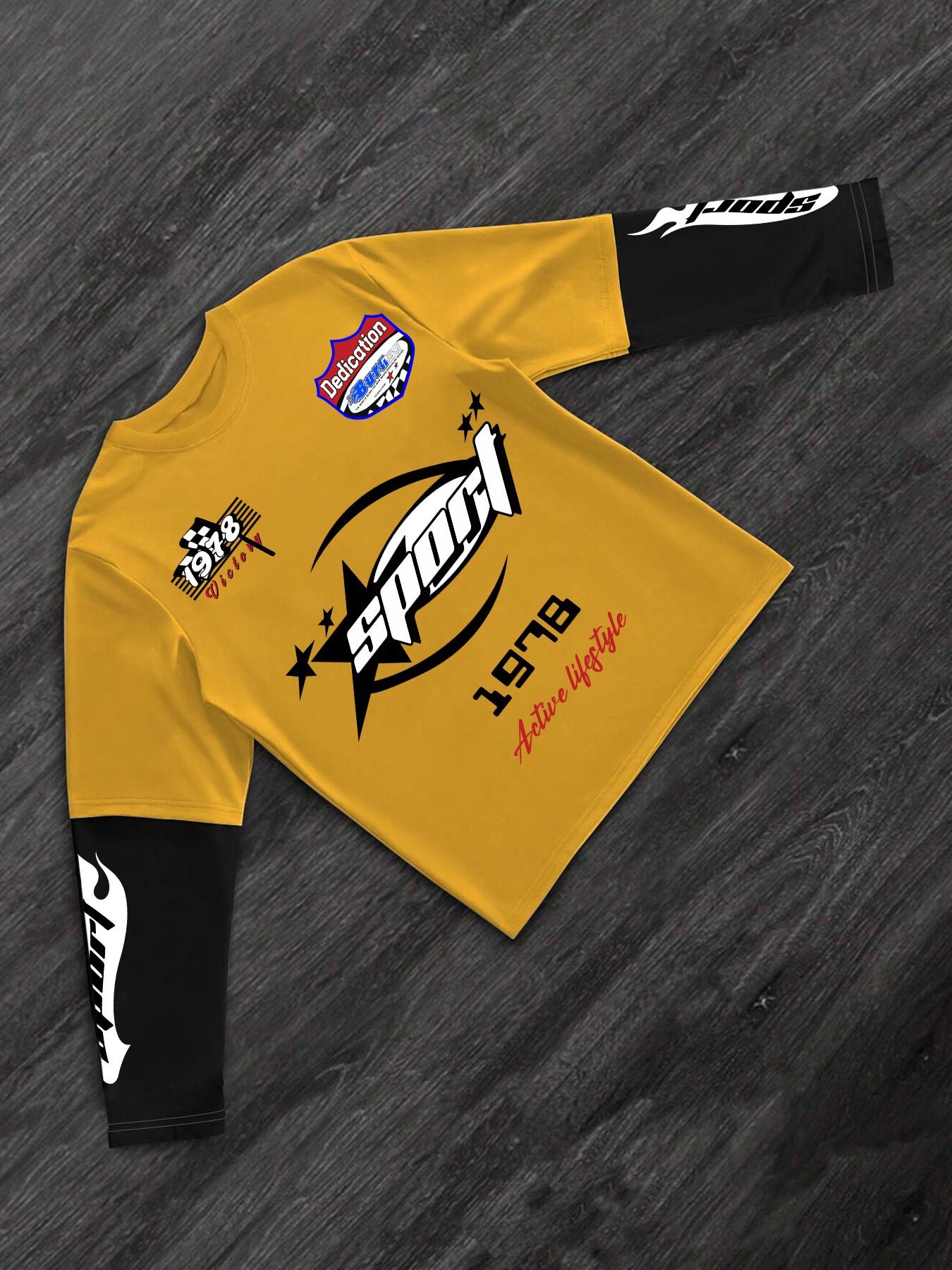 Men's New Spring Autumn Long Sleeve Patchwork Motorcycle Badge Print Casual Fitted Short Top, Unisex Fashion Tee, Streetwear, Menswear