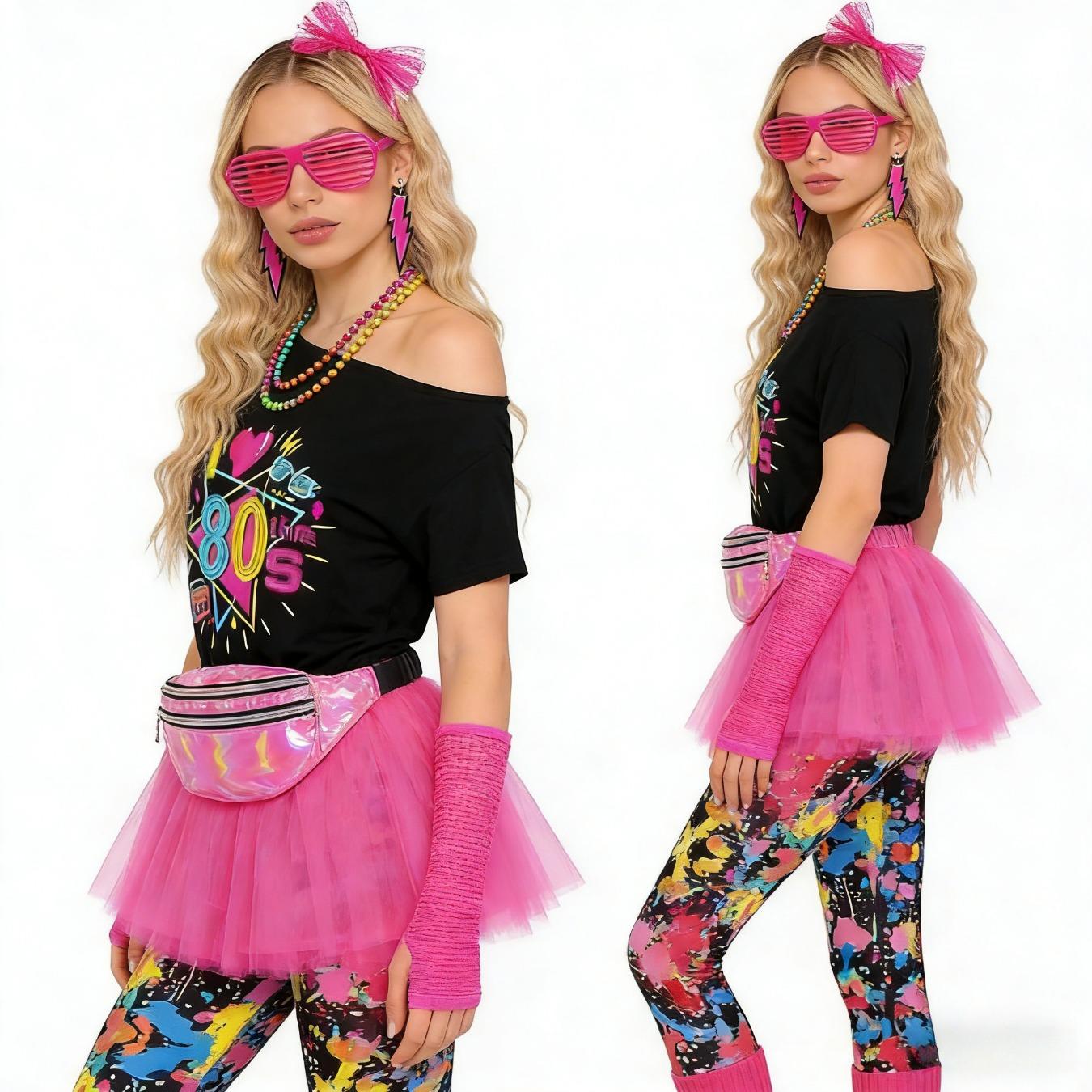 80s Drop Shoulder T-Shirt Tutu Skirt Leopard Skinny Pants Costume Set With Waist Bag Headband Necklace Bracelet Earrings Foot Covers For Bar Music Party Stage Performance