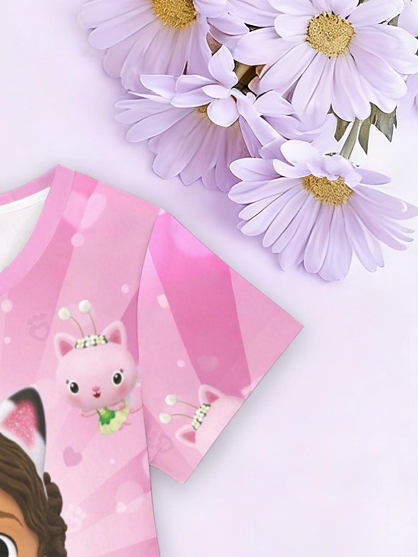 Girls' Gabby Doll Party A-Line Dress, Cartoon Sweetie Short Sleeve Dress, Fashion Outdoor Wear, Birthday Gift, Holiday Gift