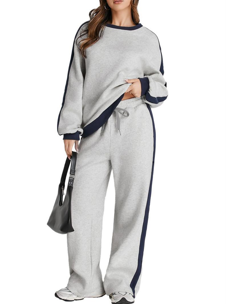 Women's Color Contrast Patchwork Causal Jogging Suit Set,Crew Neck Long Sleeve Top & Straight Trousers Set,Fashion Sweatshirt suit