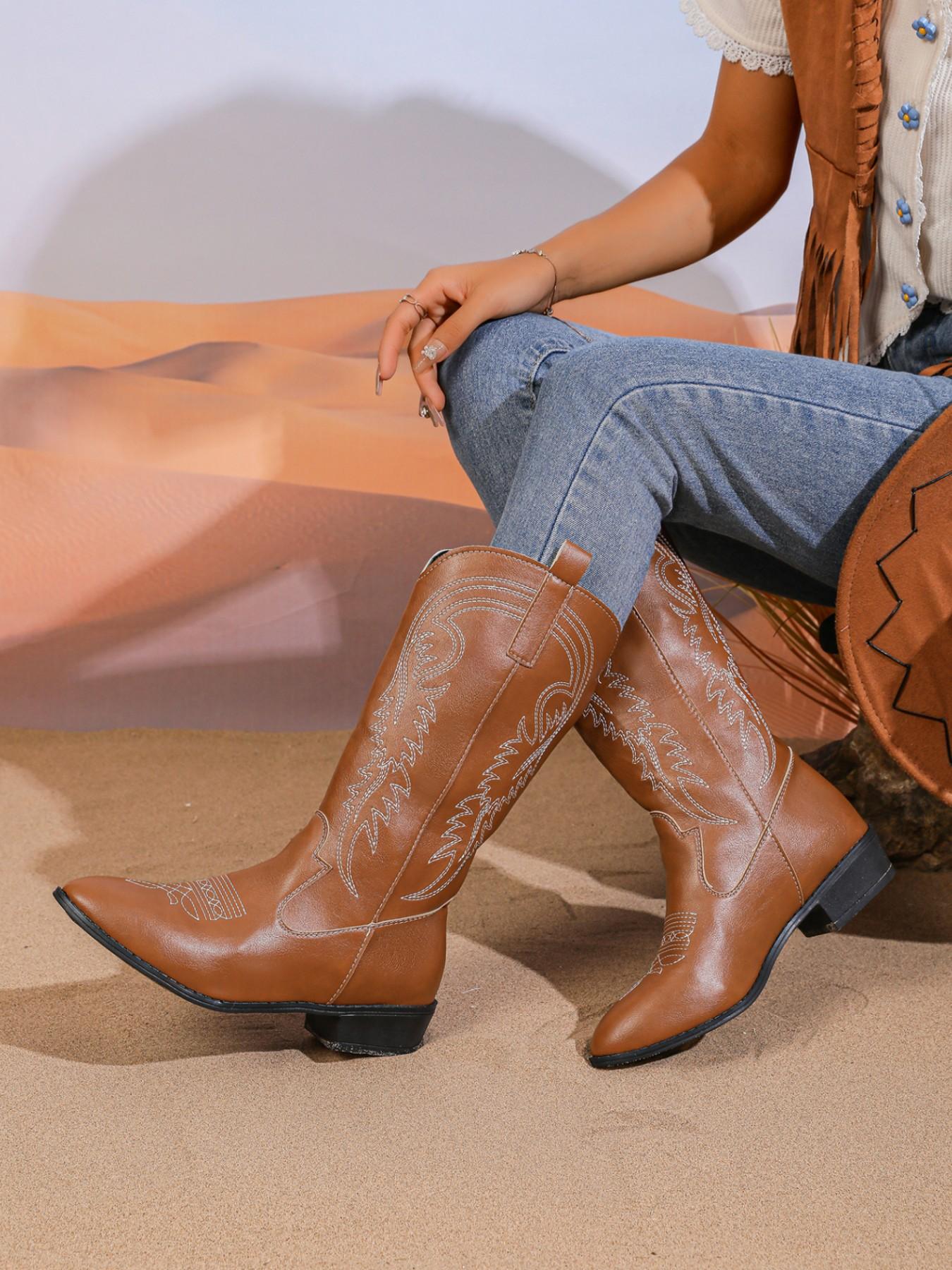 American Vintage Style Classic Western Embroidered Mid-Calf Boots, PU Leather, Rubber Sole, Fashion Winter Shoes, Slimming Effect