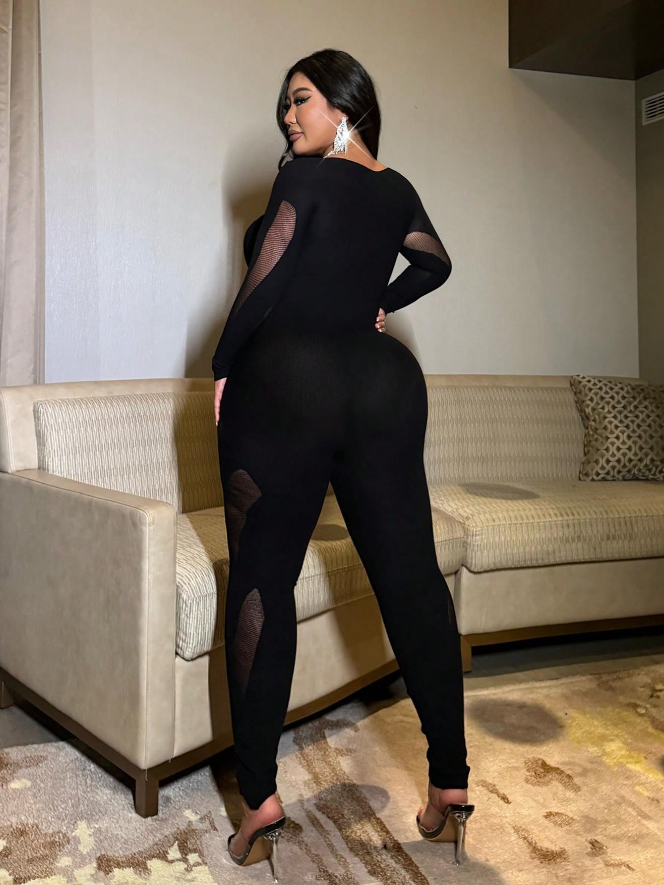 Women's Plus Size Sexy Jumpsuit, Long Sleeve Slim Fit Romper, All Seasons Plain Style, Comfortable and Stylish for Everyday Wear