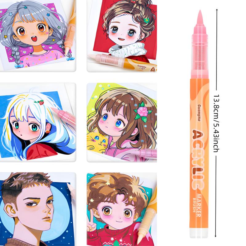 Guangna Skin Tone Macaron Color Acrylic Paint Art Markers, Brush Tip Set for Paper Wood Rock Glass Plastic Metal Canvas Comic Coloring Art Supplies