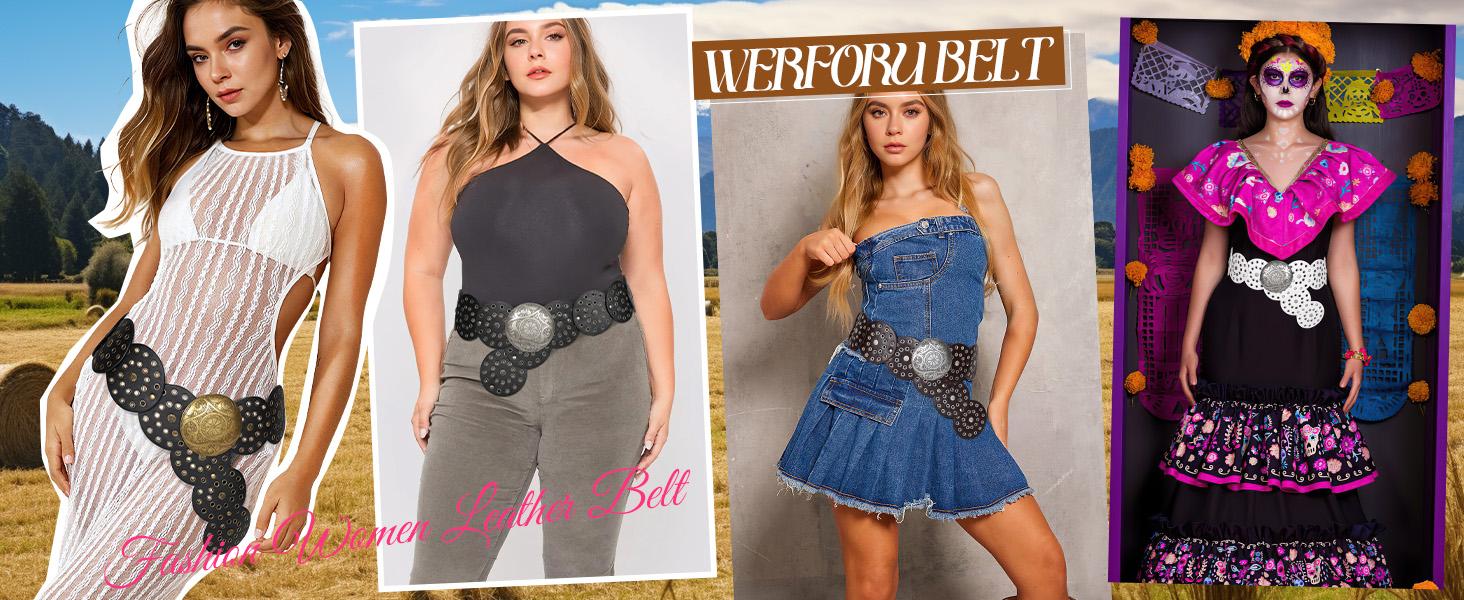 SUOSDEY chunky belt vibes Western Belts for Women Vintage Disc Waist Belts Concho Leather Belts Boho Waist Belt for Dress Jeans