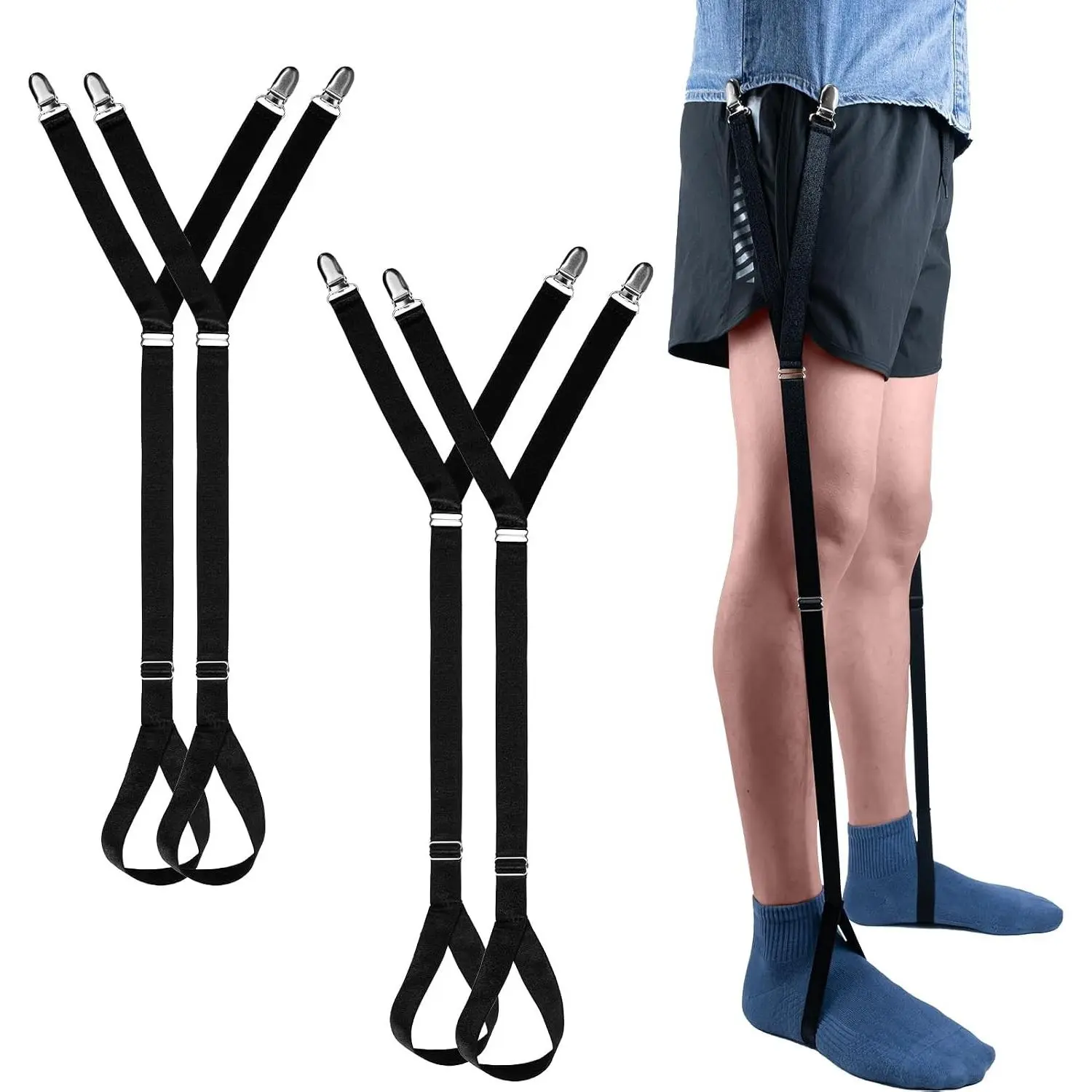 2 Pairs Adjustable Elastic Shirt Stays for Men & Women, Y-Style Footloop Shirt Garters/Tuckers with Locking Clamps