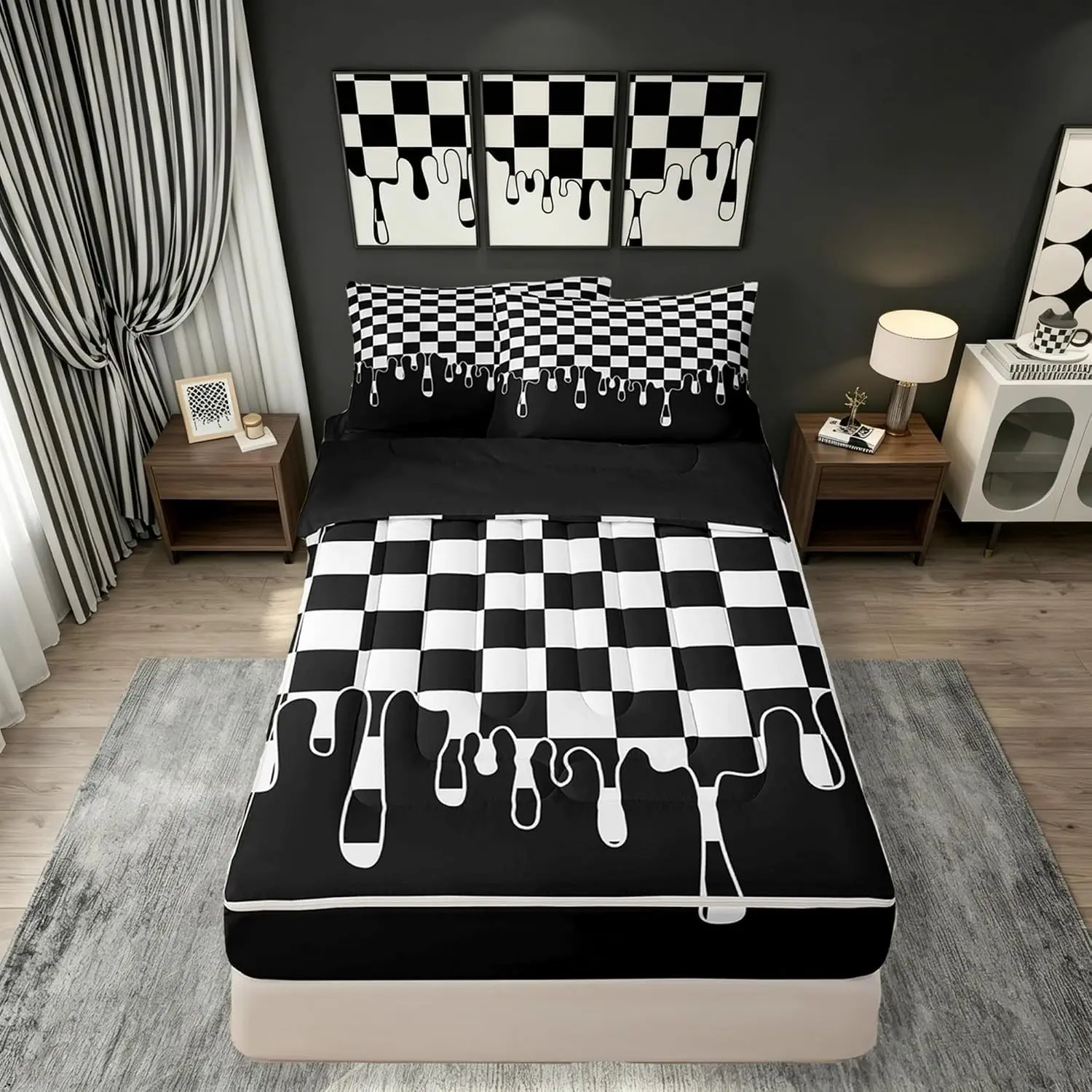 Black and White Checkered Twin Size Zip Up Bedding Set, Checkerboard 4 Piece Bed-in-a-Bag Set Comforter with Fitted Sheet & Pillowcases, Y2K Aesthetic Geometric Quilted Bedspread for Boys Girls