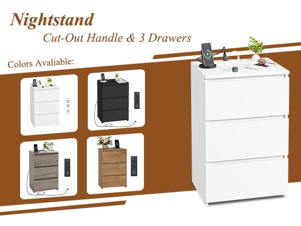 FOTOSOK Nightstad with Charging Station, White Nightstand with 3 Drawers,  Nightstand with USB Ports, Power Outlets, Silent Slides, Wooden End Side Table Bedside Table for Bedroom
