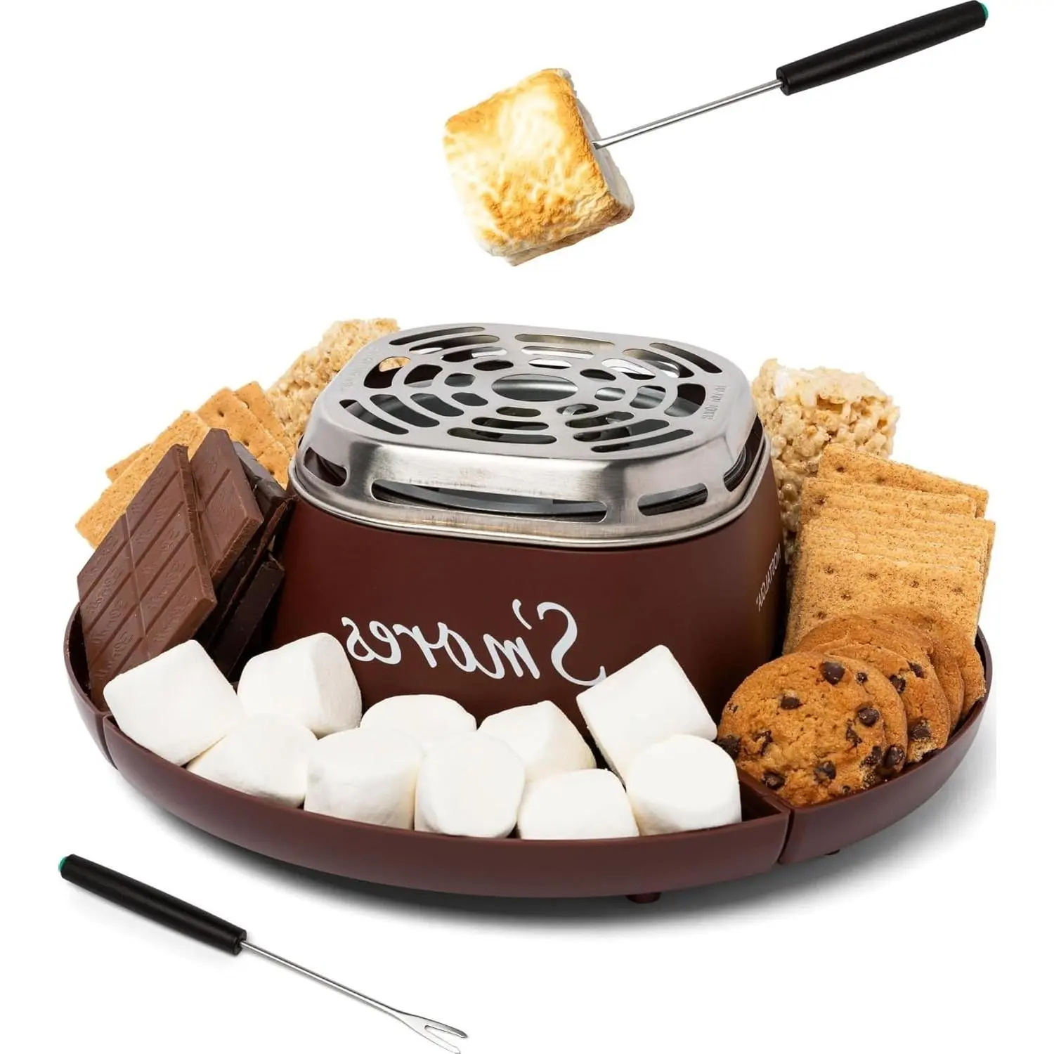 Nostalgia Tabletop Indoor Electric S'mores Maker - Smores Kit With Marshmallow Roasting Sticks and 4 Trays for Graham Crackers, Chocolate, and Marshmallows - Movie Night Supplies - Brown