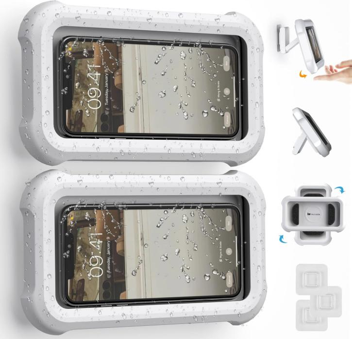 Waterproof Phone Mount for Showers and Bathrooms—360° smooth rotation, anti-fog protective case, responsive full HD touchscreen, comes with 4 tool-free adhesive wall mounts, compatible with 4–7-inch iPhones, Samsung, and other adjustable smartphones