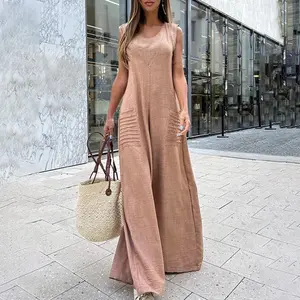 Women's Minimalist Linen Cotton Jumpsuit - Sleeveless Round Neck Wide-Leg Solid Color Overalls with Pockets, Clothes