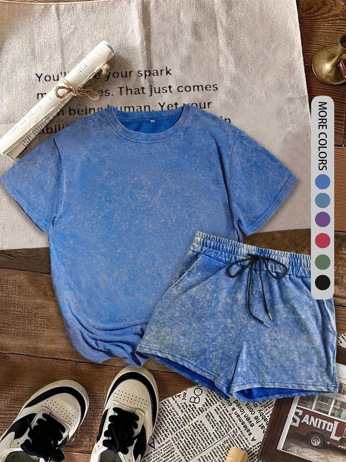 Two-piece Set Women's Solid Color Short Sleeve Tee & Shorts, Casual Minimalist Fitted Round Neck T-shirt & Shorts, Summer Daily Clothes Set for Ladies Outdoor Holiday, Womenswear, Athletic Activewear