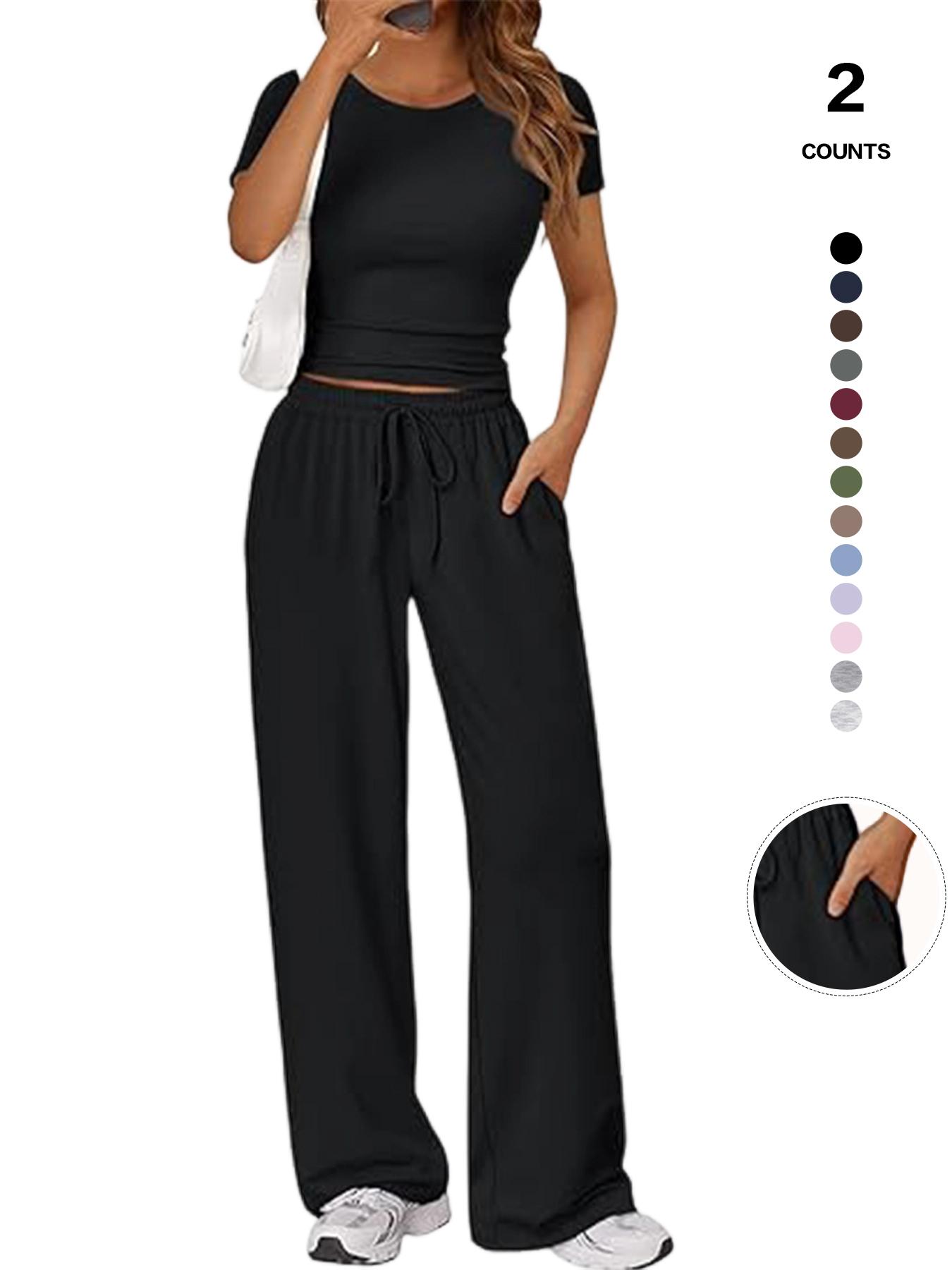 Women's Spring Summer Casual Set, Round Neck Short Sleeve Top & Wide Leg Pants, Slim Fit Home Wear, 2 Piece Comfortable