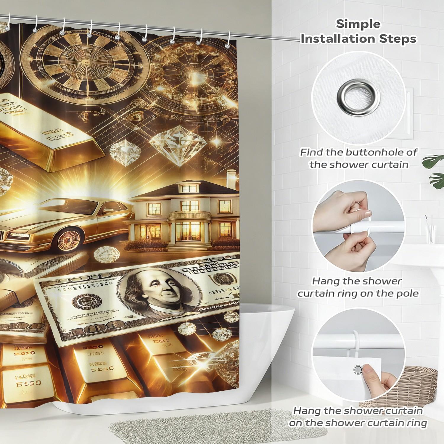Wealth Dream Theme Shower Curtain, Waterproof Fabric, Free Install Hooks Included, Money Aesthetic Bathroom Decor, Machine Washable Shower Curtain