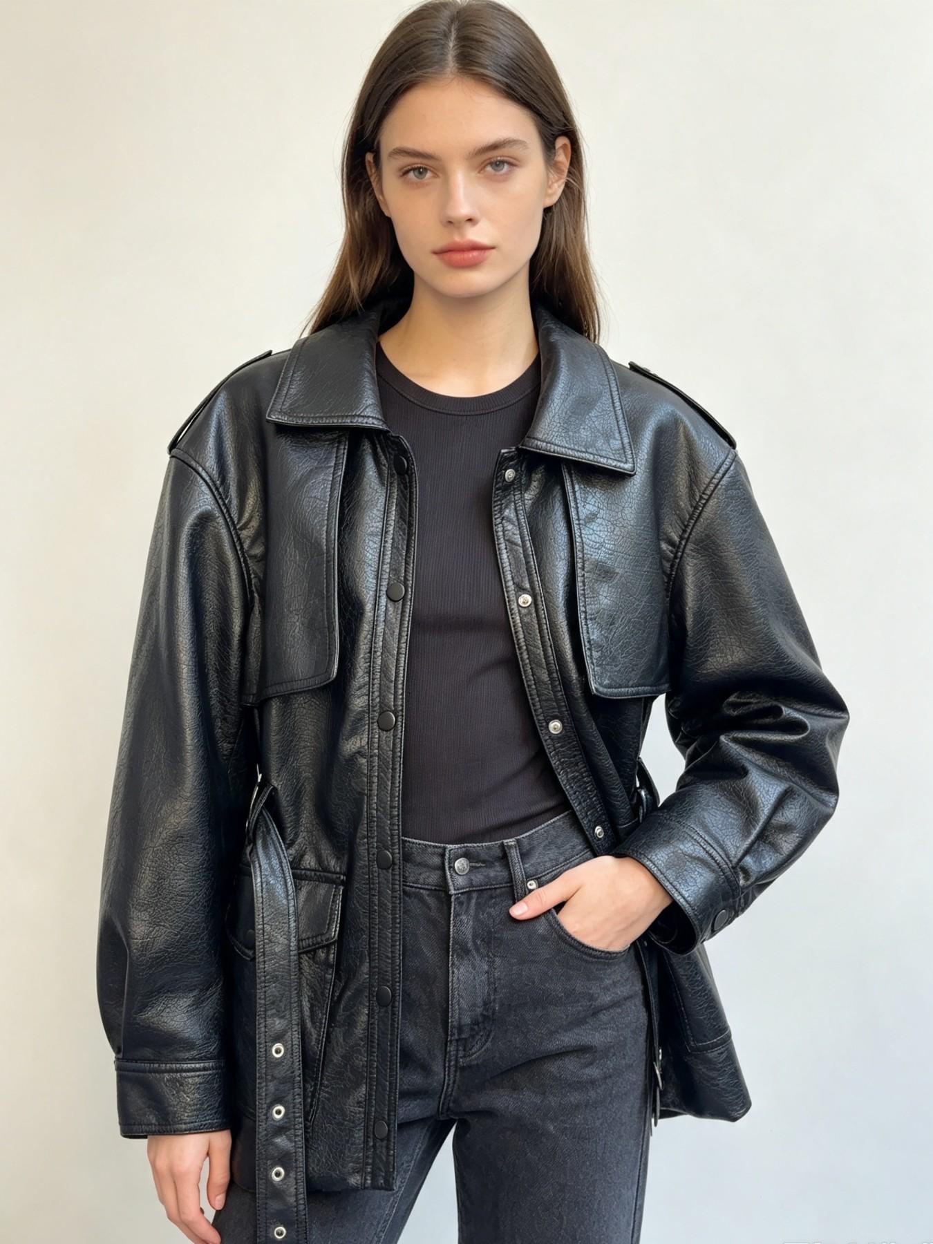 Vintage Style Women's Coat, Lapel Collar Shoulder Patch Design, Waist Belt, Multiple Pockets, Mid-Length, Commuter Jacket