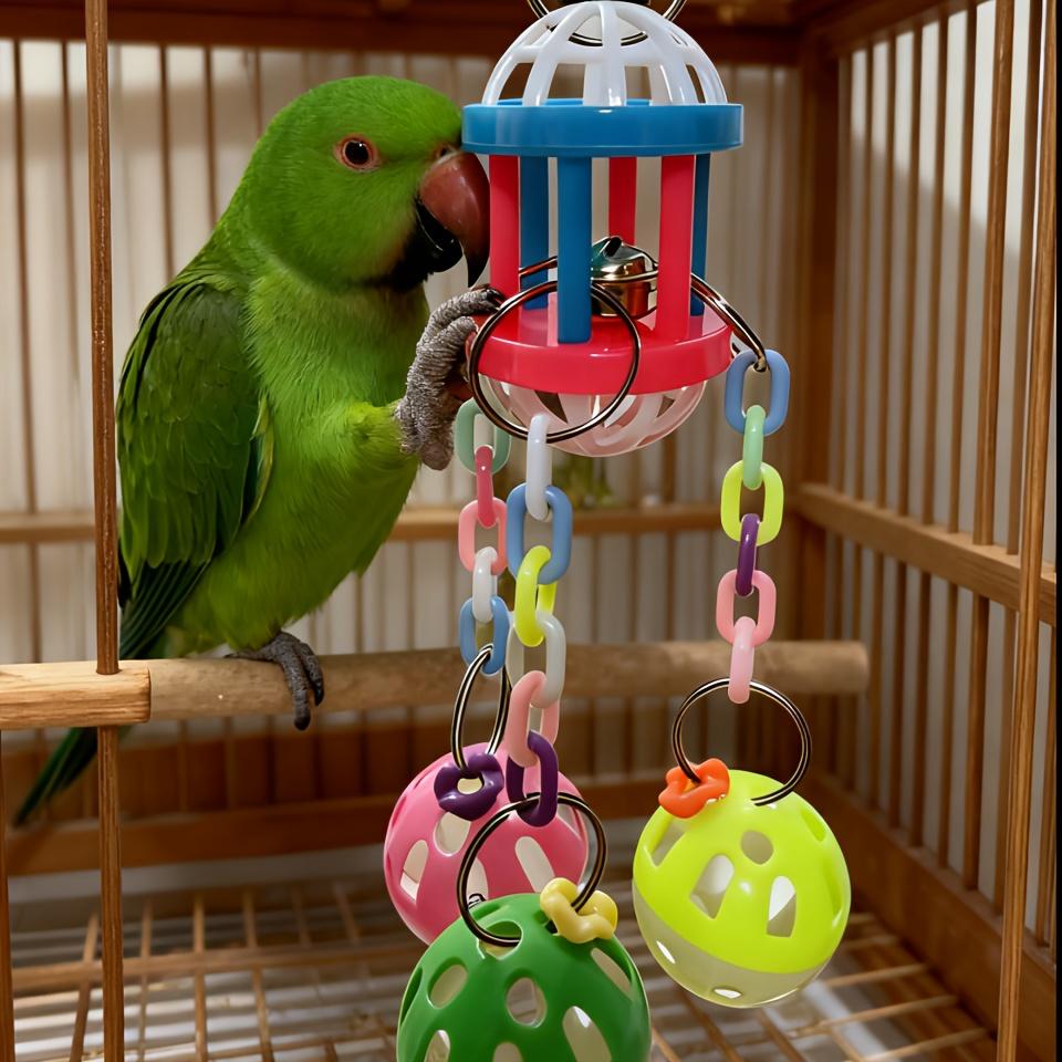 Parrot toy bird supplies: bell ball chain chewing toy, available in various colors, relieves boredom, combats depression, makes sounds, and serves as a chewing and beak-grinding toy