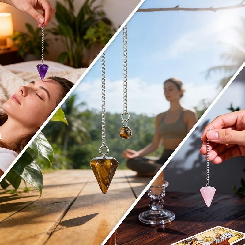 Natural Crystal Pendulum, Hexagonal Carved Stone Dowsing Pendulums, Amethyst Tiger's Eye Rose Quartz, Reiki Yoga Meditation Accessories
