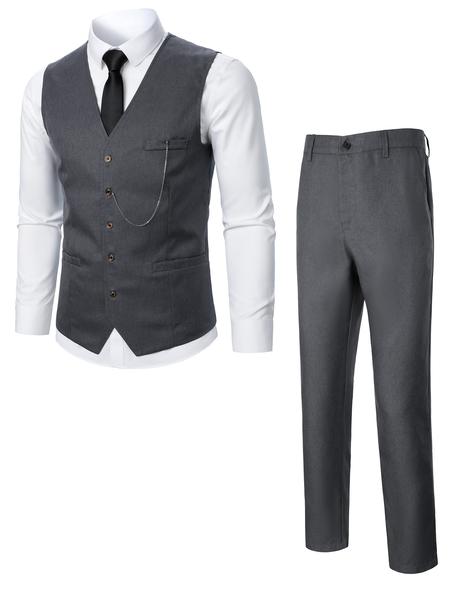 Two-Piece Set Men's Solid Button Front Suit Vest & Pocket Pants Suit Set, Chain Decor V Neck Top & Trousers, Men's Formal Outfits for Work Office Business