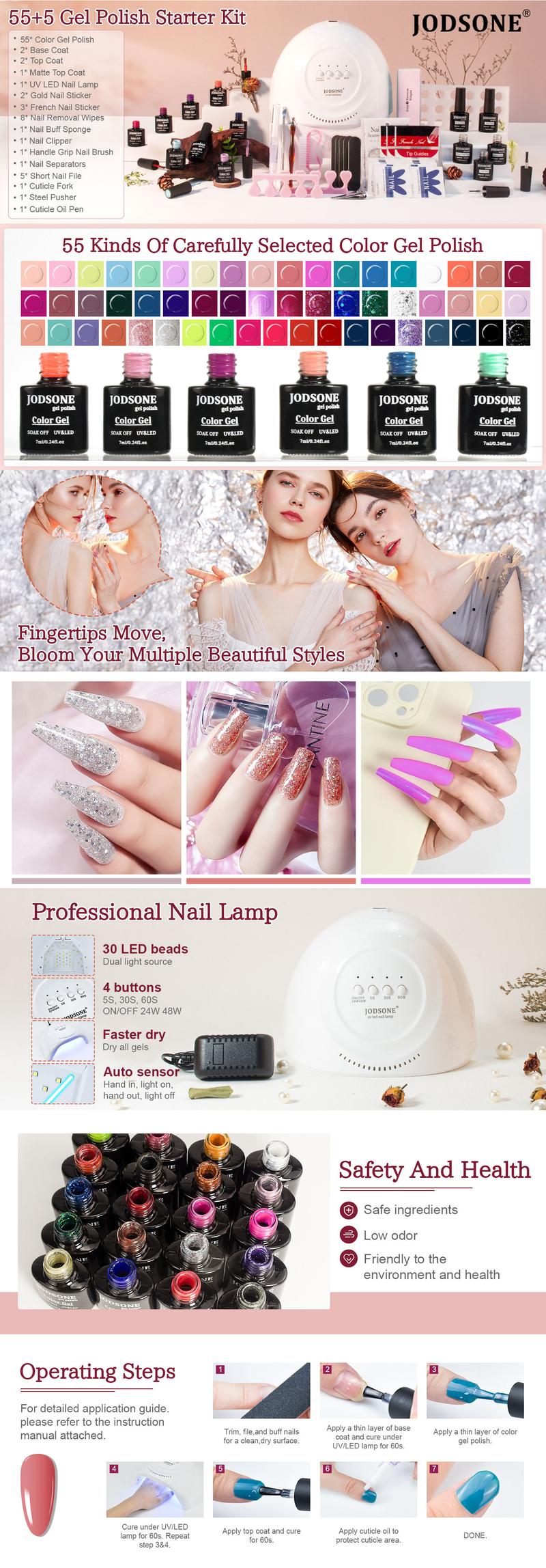 JODSONE Gel Nail Polish Kit 60 PCS with U V Light Base Top Coat 55 Shine Colors Bright and Dark Series Manicure Set