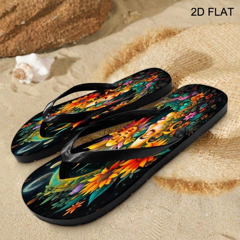 Women's Flip - Flops, Multiple Colors & Sizes Available, Floral Celestial Art Design, Comfortable Lightweight, for Daily Wear & Beach, Stylish Fashion Sandals for Ladies, Women Shoes