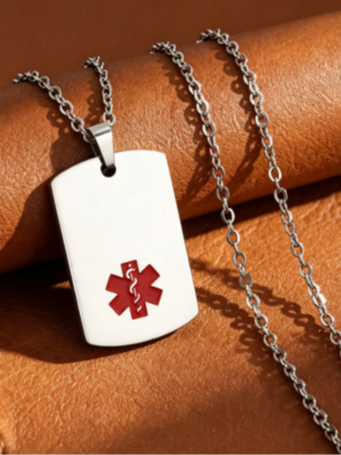 Medical Symbol Snake Staff Square Tag Dog Tag Pendant Titanium Steel Necklace, Elegant Medical Accessory Jewelry