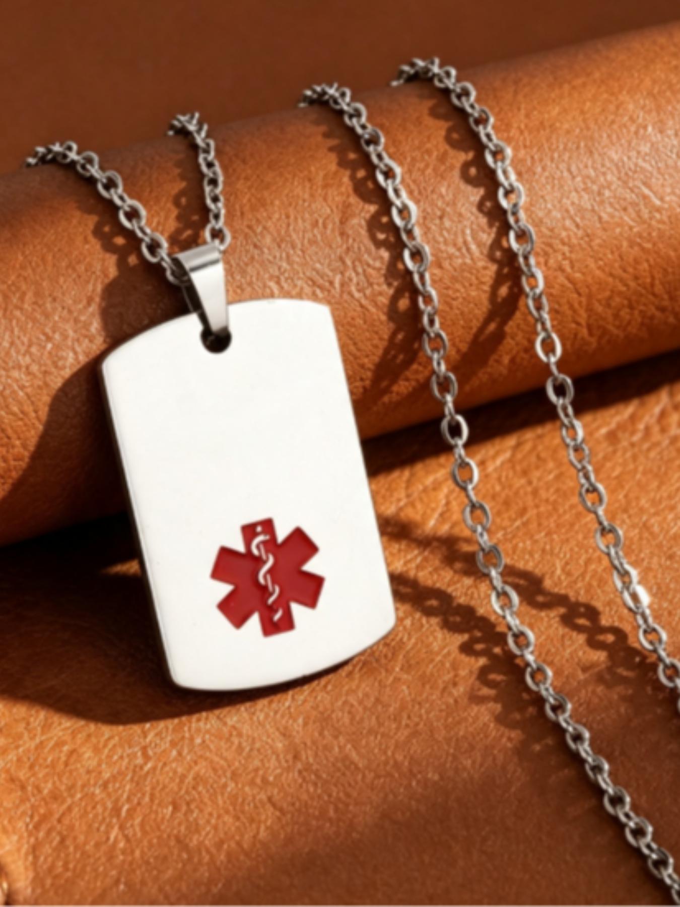 Medical Symbol Snake Staff Square Tag Dog Tag Pendant Titanium Steel Necklace, Elegant Medical Accessory Jewelry