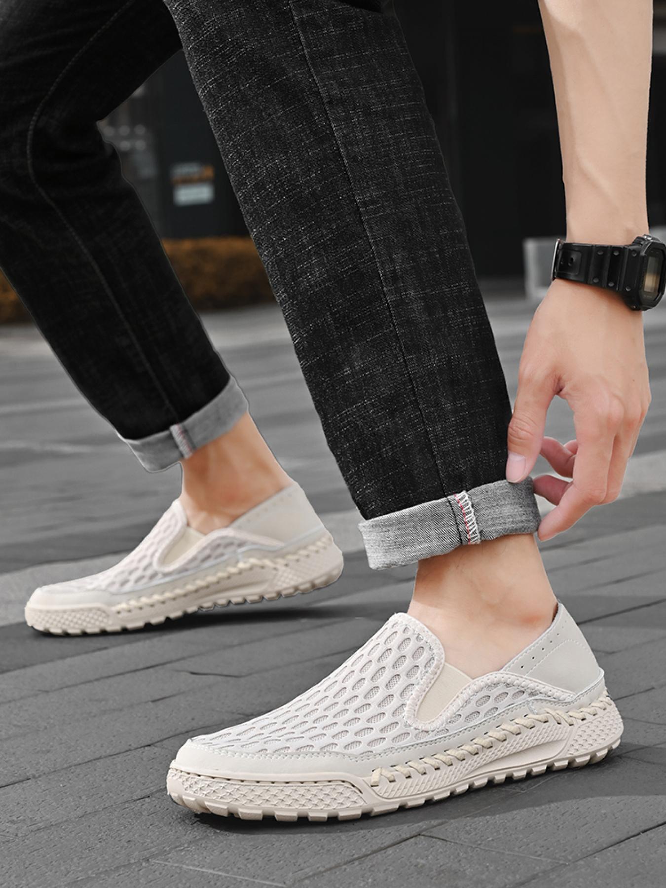 Men's Solid Color Mesh Breathable Slip-On Loafers, Soft Sole Anti-Slip Hand-Stitched Walking Shoes, Lightweight Casual Dad Shoes