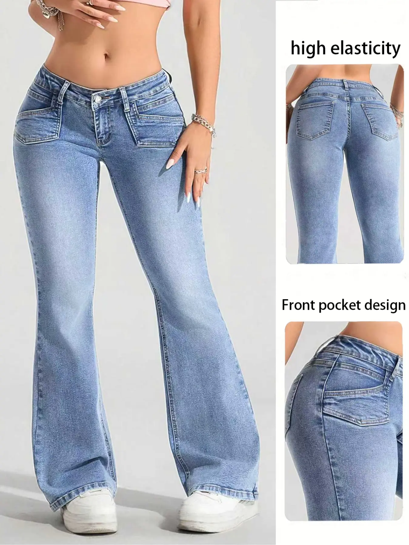 Women's Low Waist Stretchy Denim Bell Bottom Pants, Casual Chic Style with Front Pockets, Perfect for Everyday Wear