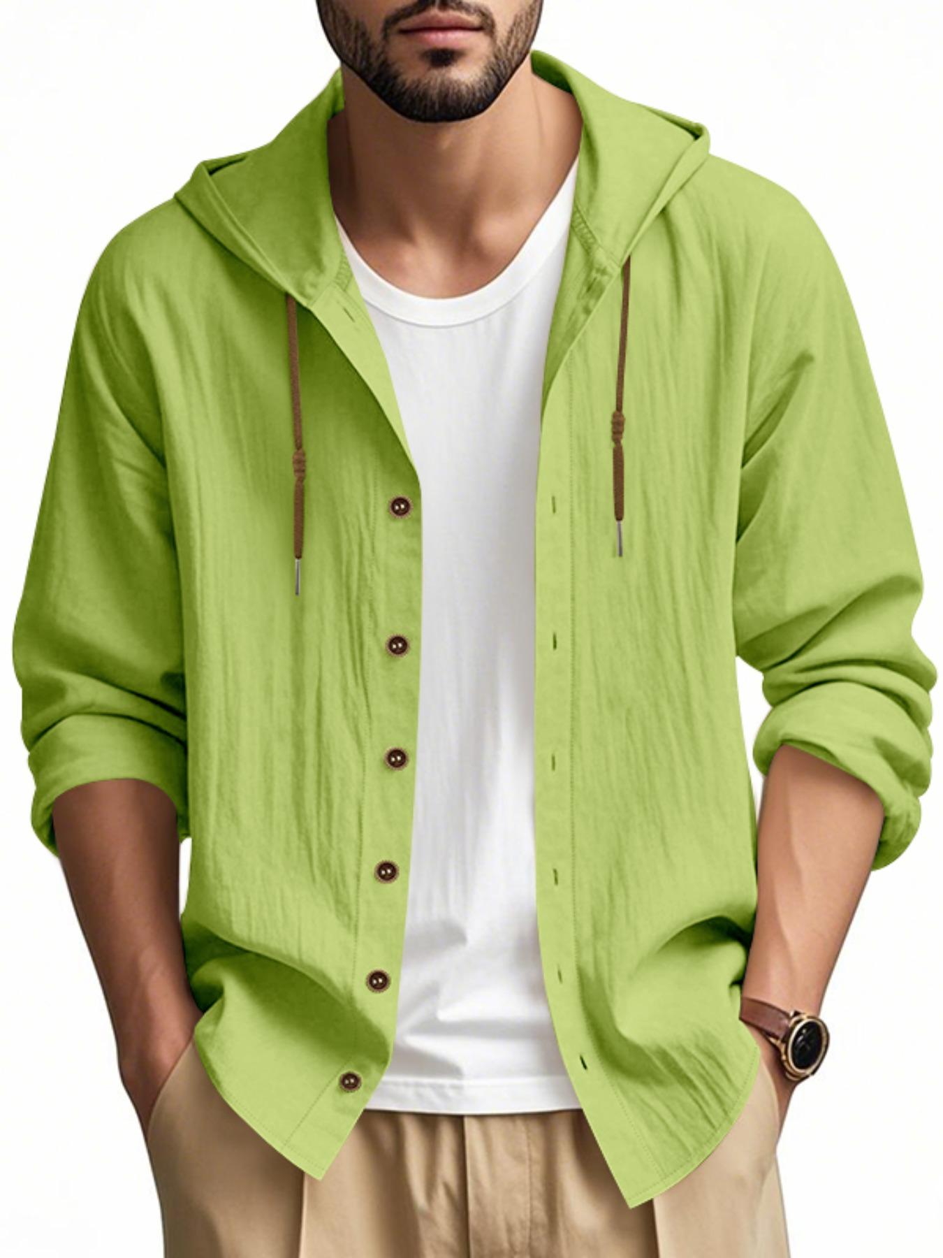 Hooded Linen Long Sleeve Shirt Jacket, Hawaiian Style Casual Loose Fit, Drawstring & Button Design, Spring & Fall Fashion, Beach Vacation Essential