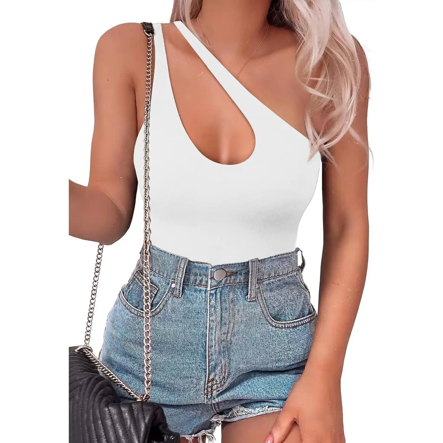 Women's Sexy One Shoulder Sleeveless Cutout Thong Bodysuit Tank Top Backless Asymmetrical Going Out TopsGift