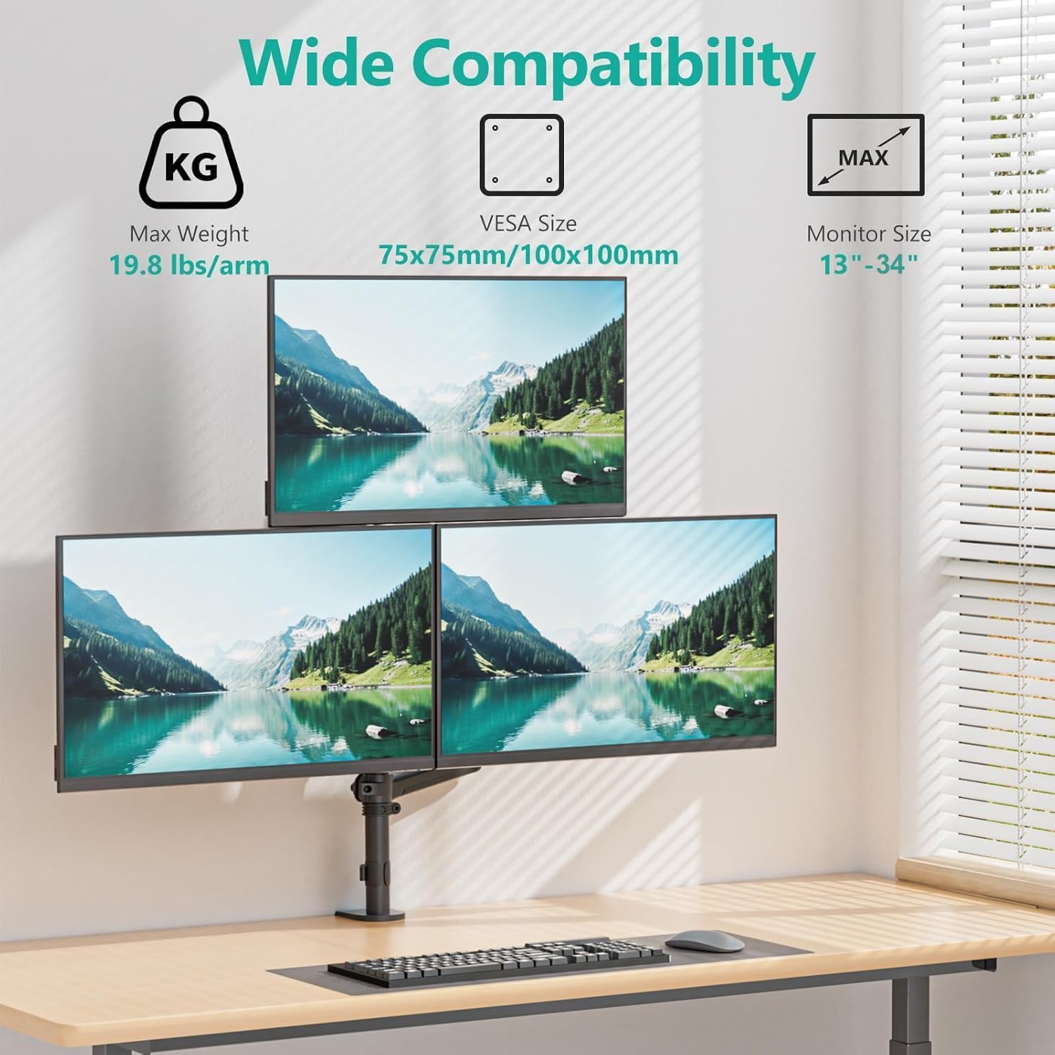 Triple Mount for 13-34 inch Screens, Full Adjustable 3 Monitors Desk Mount with Clamp & Grommet Base, Triple Monitors Arm, up to 19.8lbs Each, VESA 75x75 100x100 mm (GSDM003XL), Black Triple Mount for 13-34 inch Screens, Full Adjustable 3 Monitors Desk Mount with Clamp & Grommet Base, Triple Monitors Arm, up to 19.8lbs Each, VESA 75x75 100x100 mm (GSDM003XL), Black
