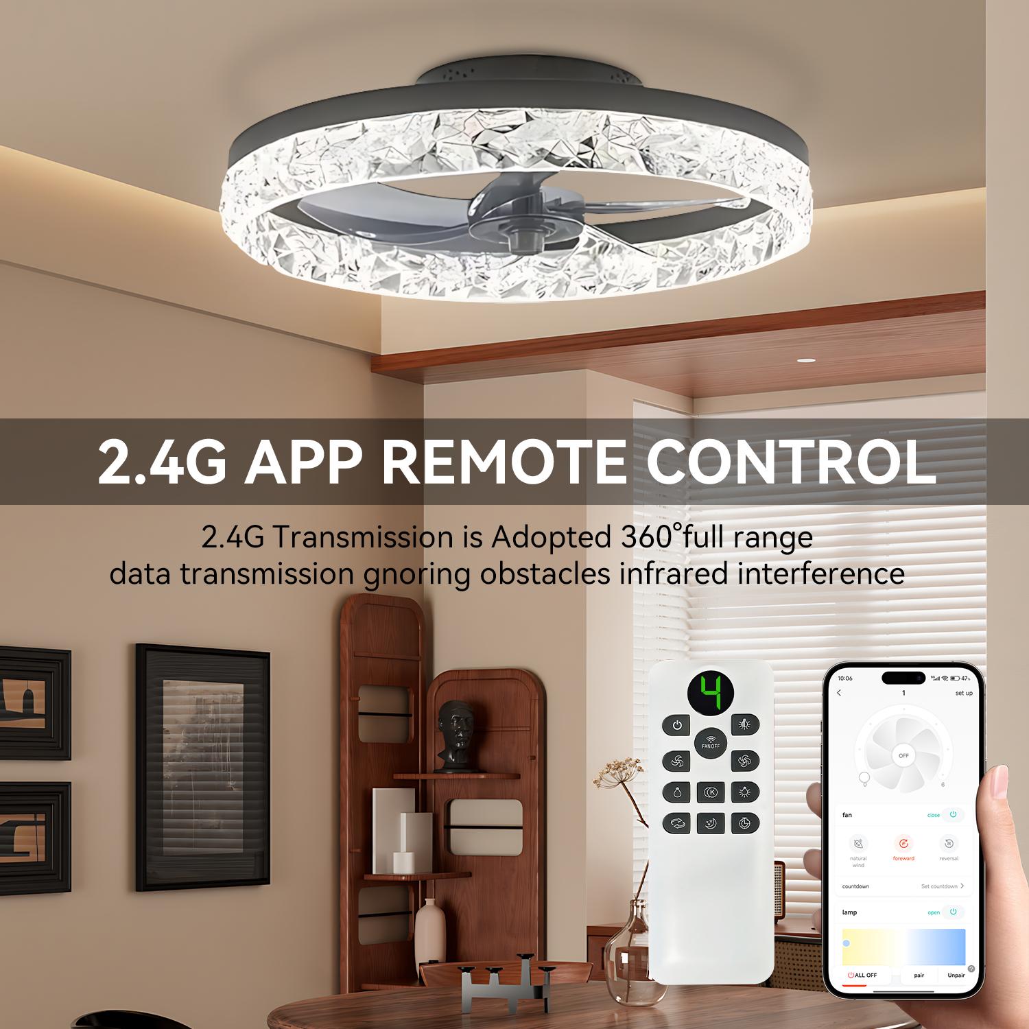 GLITGATE Cristais Multifunctional Ceiling Fan with Light, Remote Control/APP, 6 Wind Speeds, Timer, Reversible DC Motor, Adjustable Brightness & 3 Color Temperatures, Low Noise for Living Room, Bedroom, Study