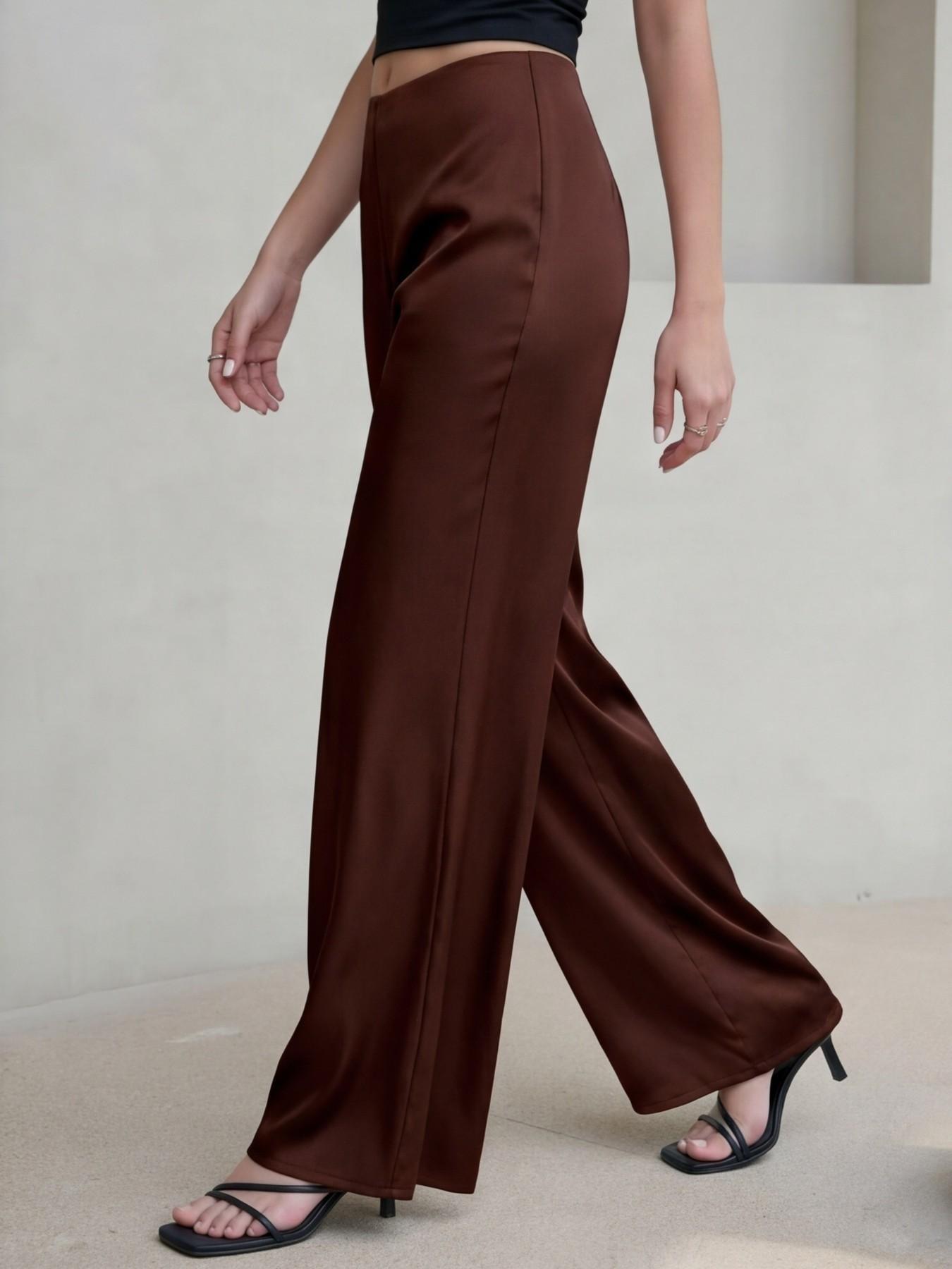 Elegant Acetate Satin Long Pants for Women, High-Waisted Straight Leg Wide Leg Trousers, Office Wear Outerwear, Premium Quality, Bottoms