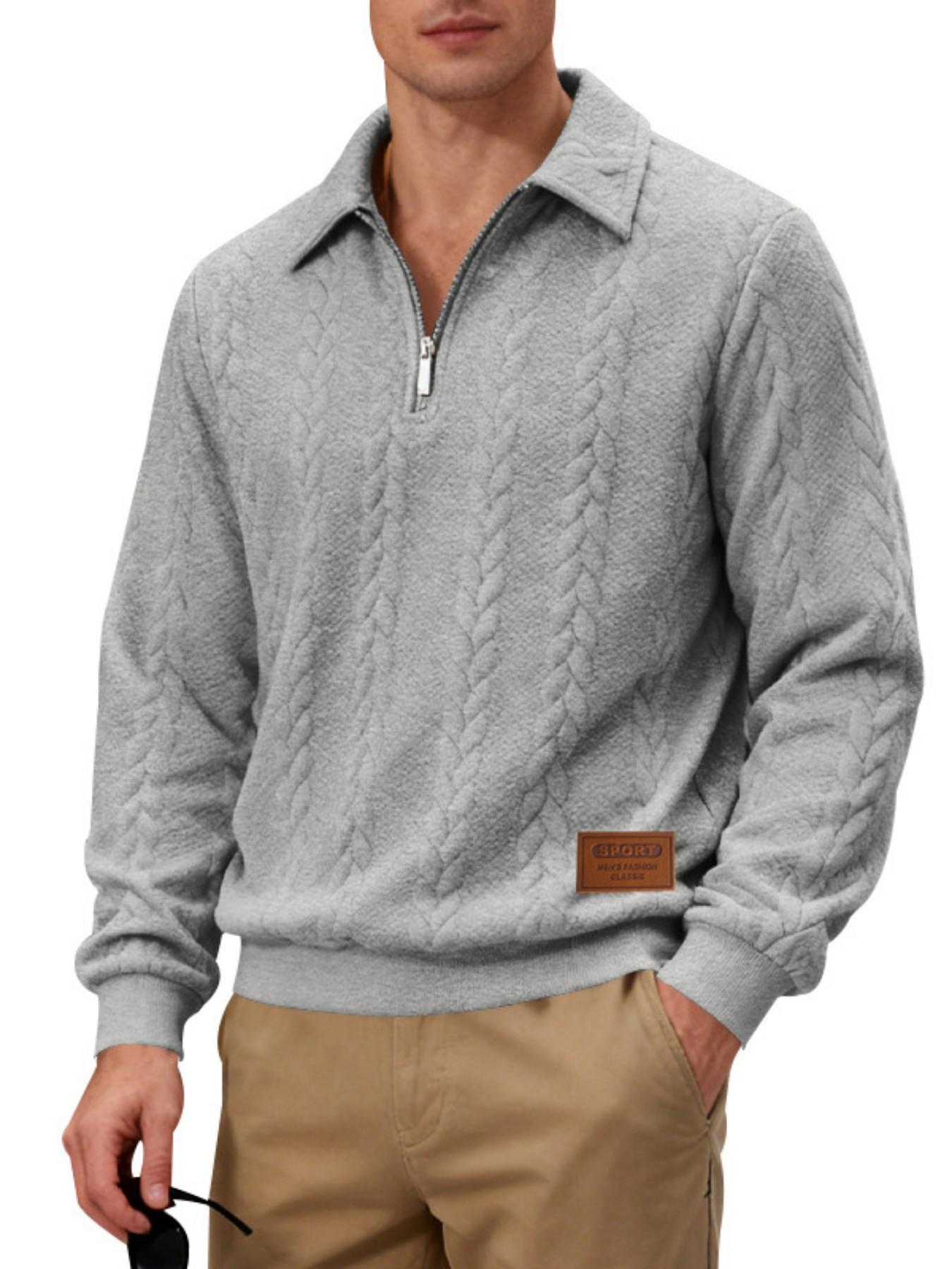 Men's Cable Knit Quarter Zip Polo Sweatshirt, Leather Label Long Sleeve, Casual Pullover, Soft Knit Jumper for Business Casual