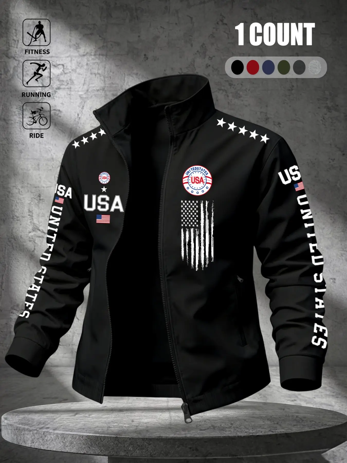 Men's Stand Collar Zipper Jacket, Loose Fit, Windproof Durable, Usa Flag Print, Sporty Style, Outdoor Sports Coat, All Seasons