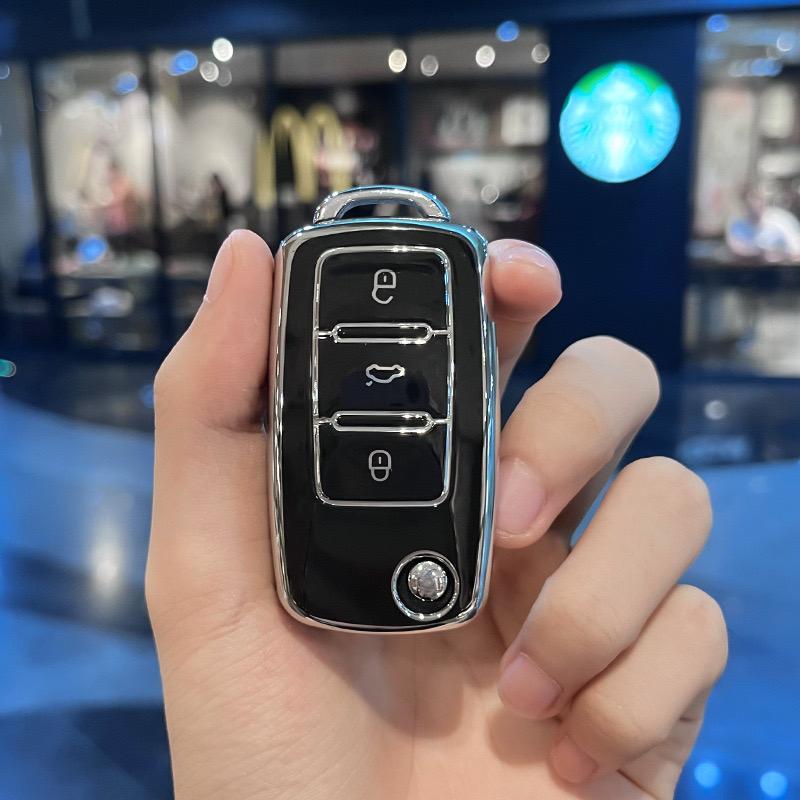 TPU Car Key Case with Keychain, Fashionable Car Key Protector for VW Volkswagen Polo Golf Passat Tiguan Beetle Caddy T5 Up Eos For Skoda Octavia Seat Leon Altea，Women Gift, Car Key Accessory
