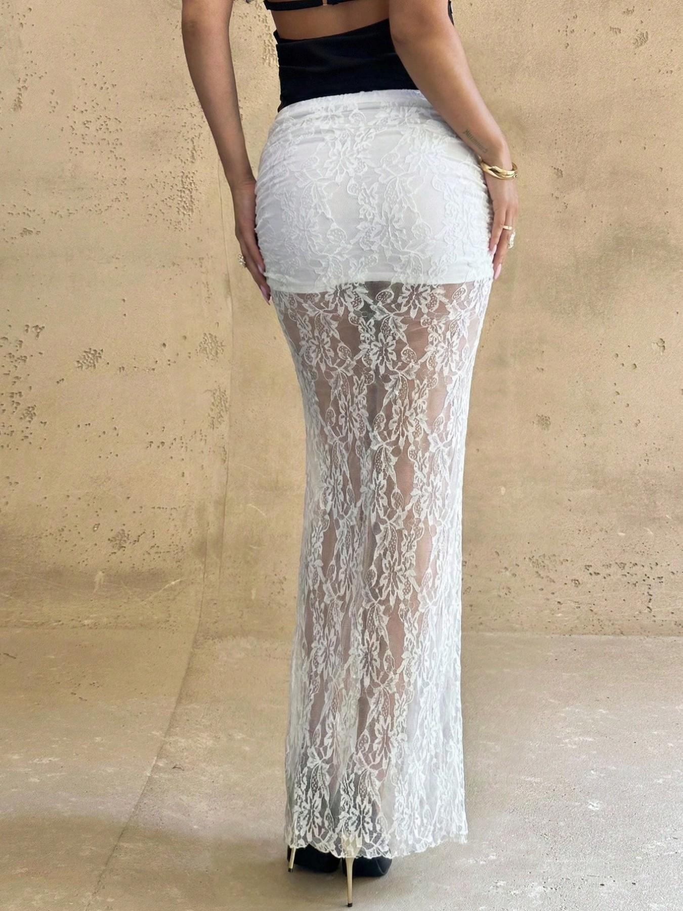 Women's Elegant Romantic Lace Maxi Skirt, Sexy Tight Lace Skirt for Beach Holiday, Perfect for Formal Weddings and Festivals, Chic