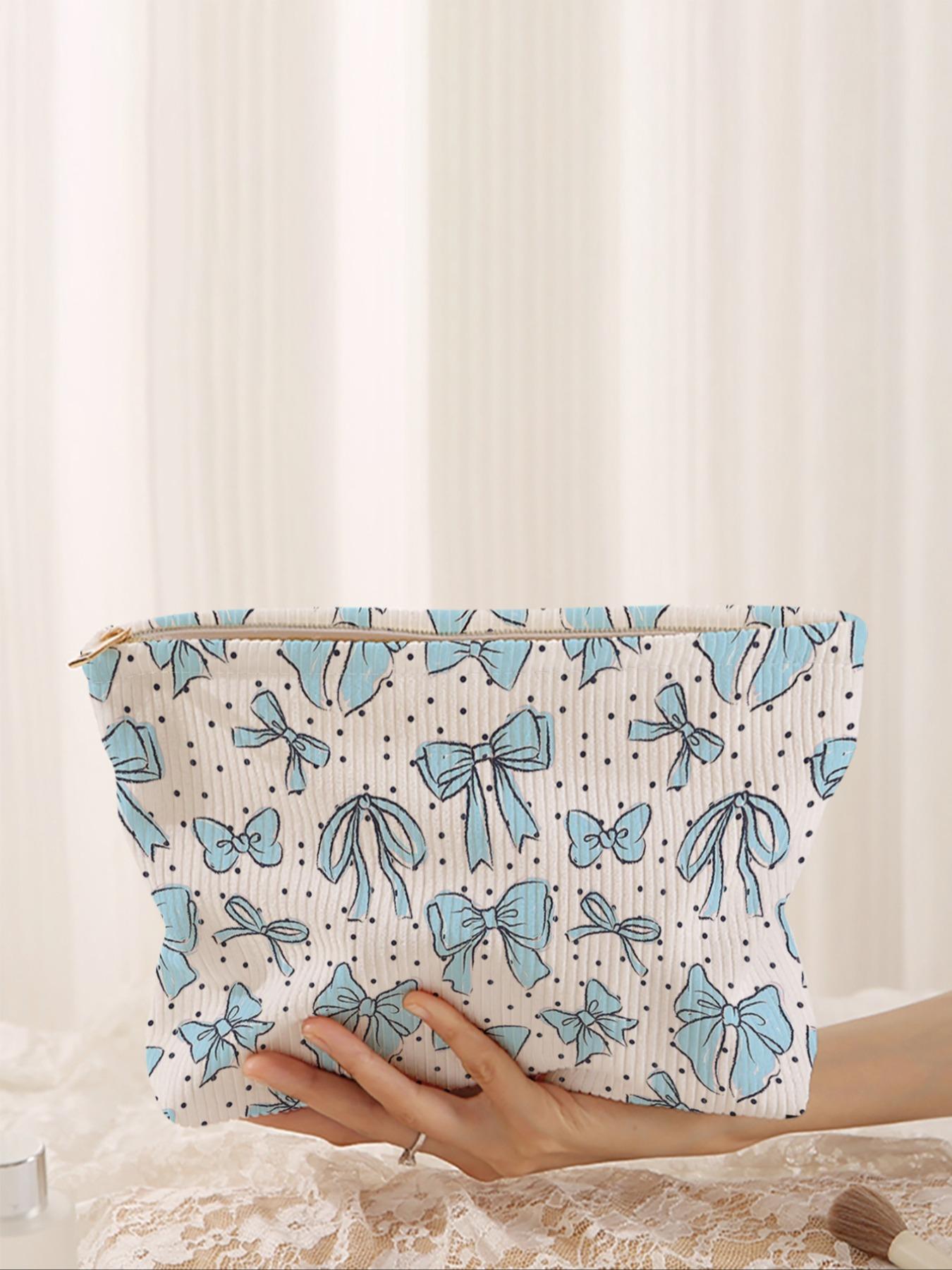 Cute Bowknot & Polka Dot Pattern Makeup Bag, Lightweight Multifunctional Cosmetic Storage Bag, Casual Versatile Zipper Corduroy Makeup Bag for Travel & Daily Use, Travel Cosmetic Bags, Handheld Cosmetic Pouch