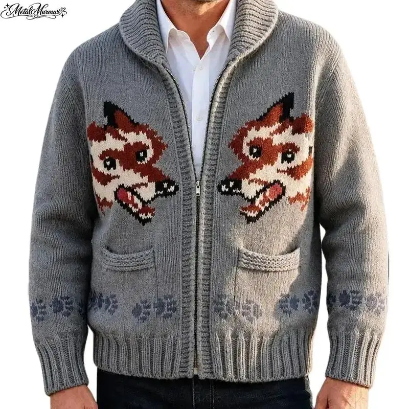 Men's Jacquard Knit Zip Cardigan, Regular Fit Shawl Collar Sweater Jacket, Vintage Outerwear for Outdoor Travel, Weekend & Daily Wear,outdoorfun