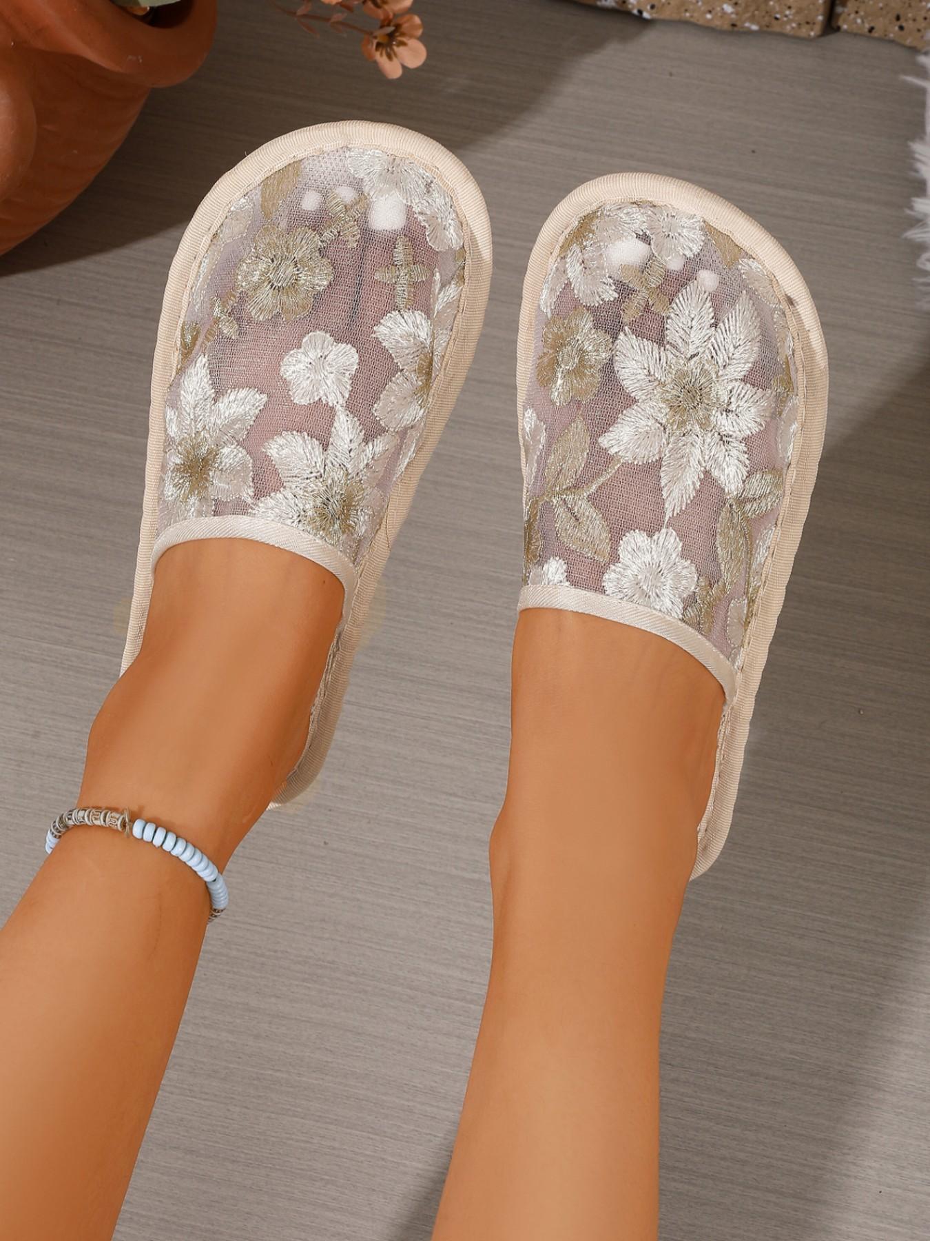 New Breathable Mesh Embroidered Flower Slippers, Soft Sole Anti-Slip Quiet Indoor Shoes, Lightweight Comfortable Home Footwear
