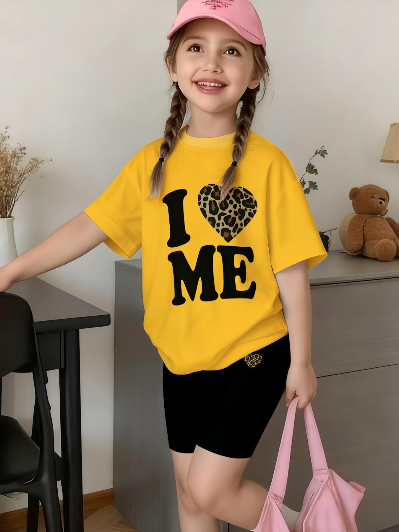 Girls Bright Yellow I ❤️ ME Leopard Heart Print Short Sleeve Set Summer Streetwear Kids Casual 2Pcs